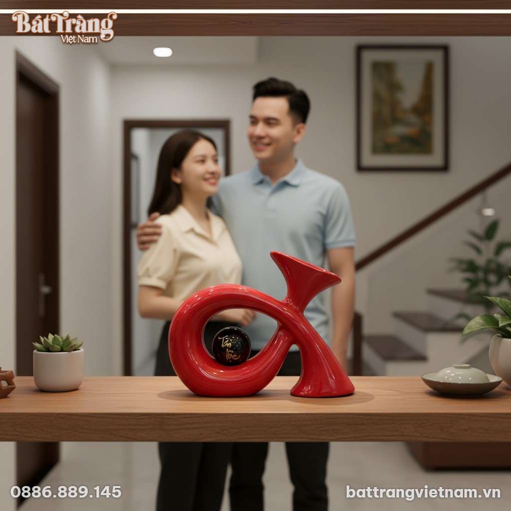 Một tượng decor cây kèn Tài Lộc màu đỏ bóng, ca...