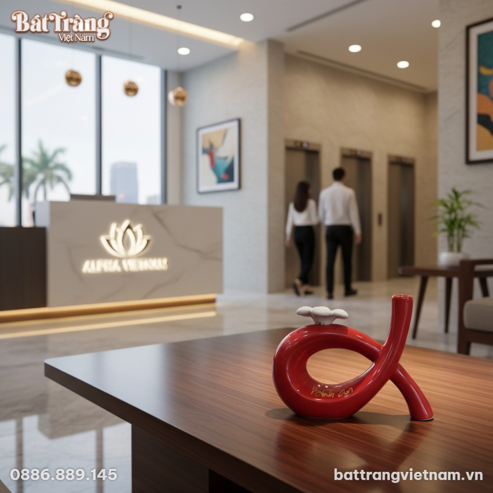 Tượng decor gốm sứ đỏ, cao 20cm, được trưng b&agrave;y...