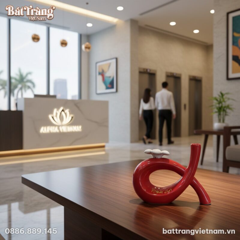 Tượng decor gốm sứ đỏ, cao 20cm, được trưng bày...