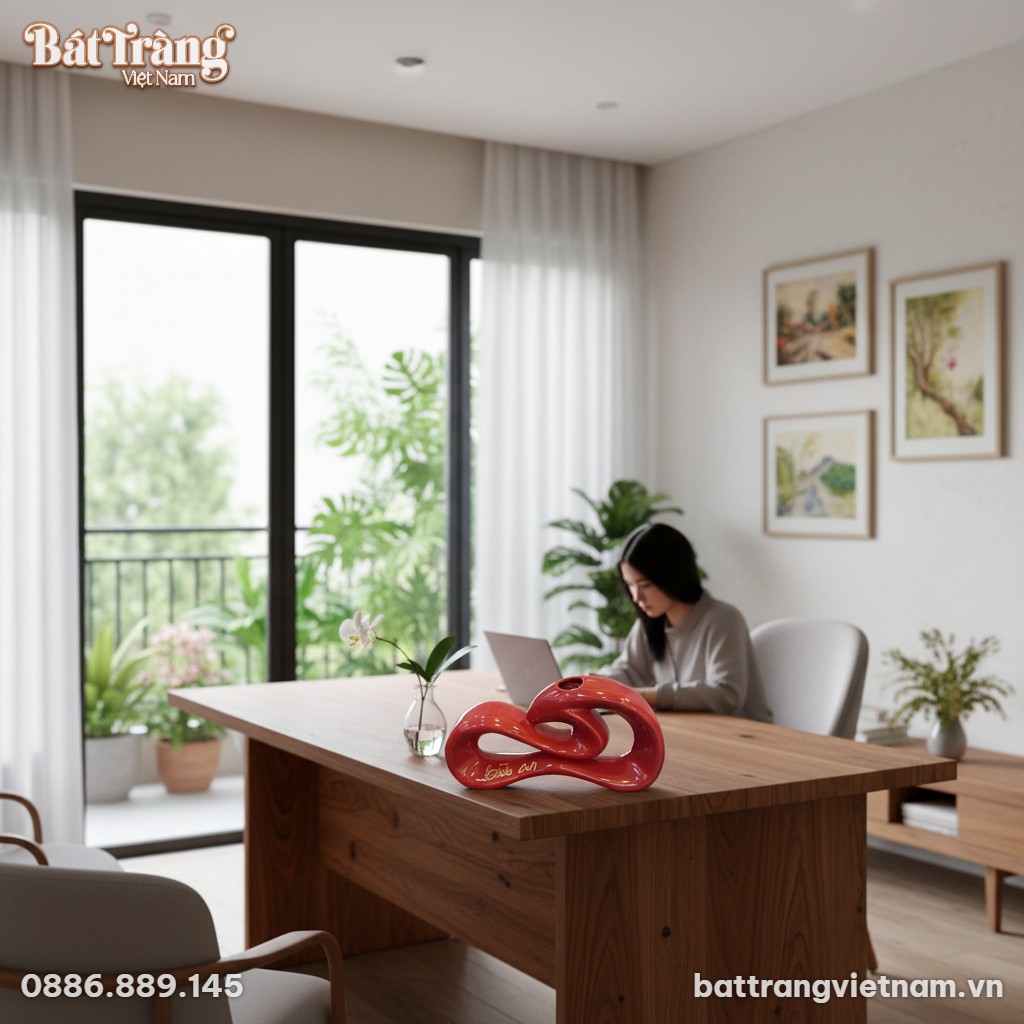 Tượng gốm chữ B&igrave;nh an 18cm m&agrave;u đỏ tr&ecirc;n b&agrave;n l&agrave;m ...