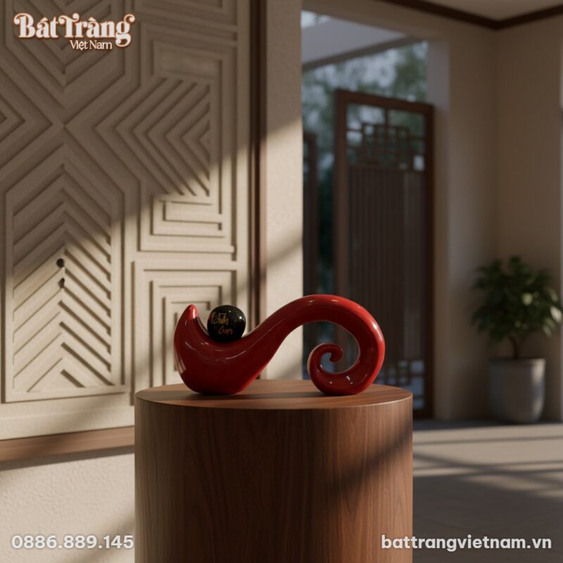 Cận cảnh tượng gốm gợn sóng đỏ Bát Tràng 16x33c...