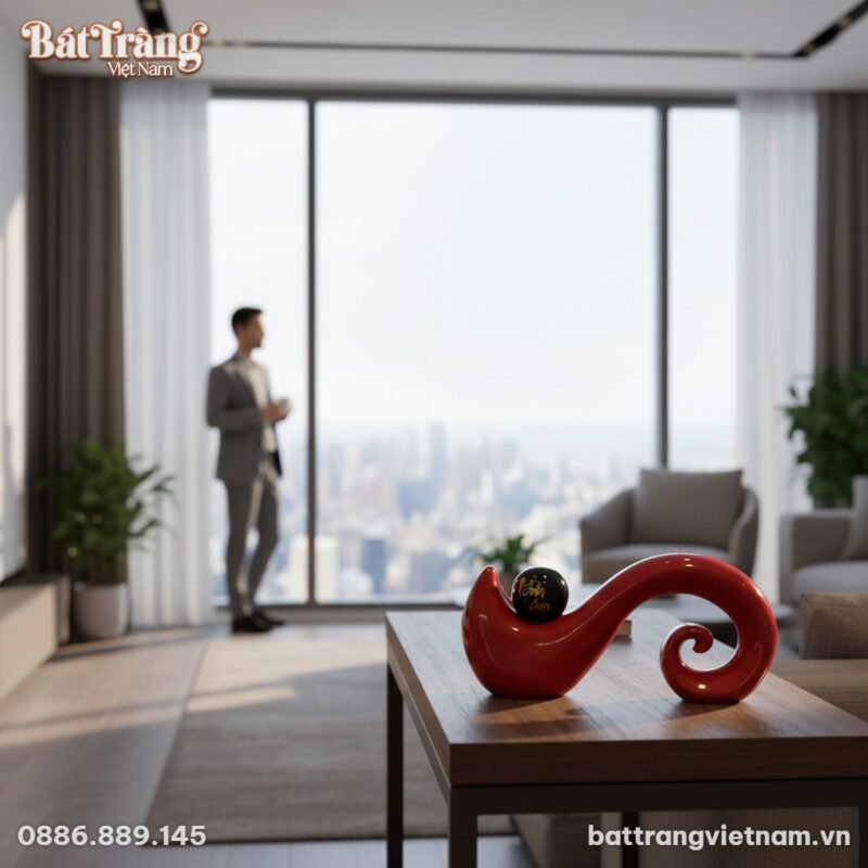 Một tượng gốm gợn sóng đỏ Bát Tràng 16x33cm đặt...