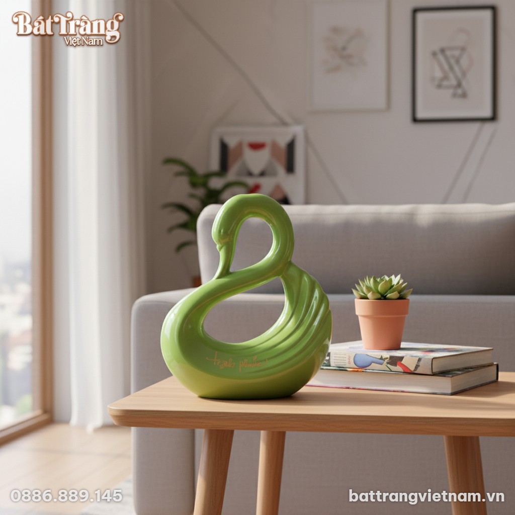 Một tượng thiên nga gốm sứ xanh lá cao 30cm đặt...