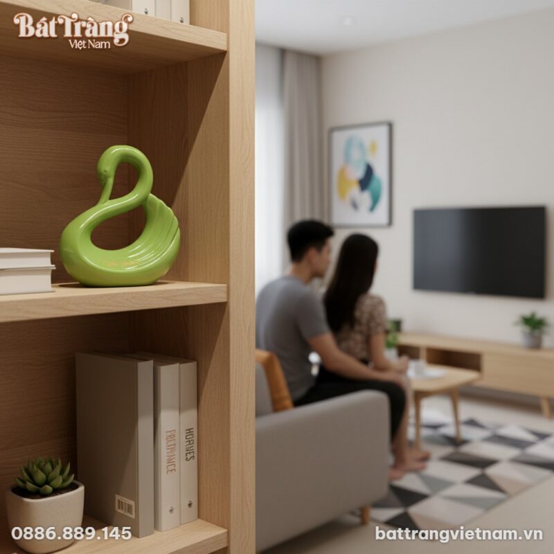 Tượng thiên nga gốm sứ xanh lá trên kệ sách gỗ ... Tượng thiên nga gốm sứ xanh lá trên kệ sách gỗ ...