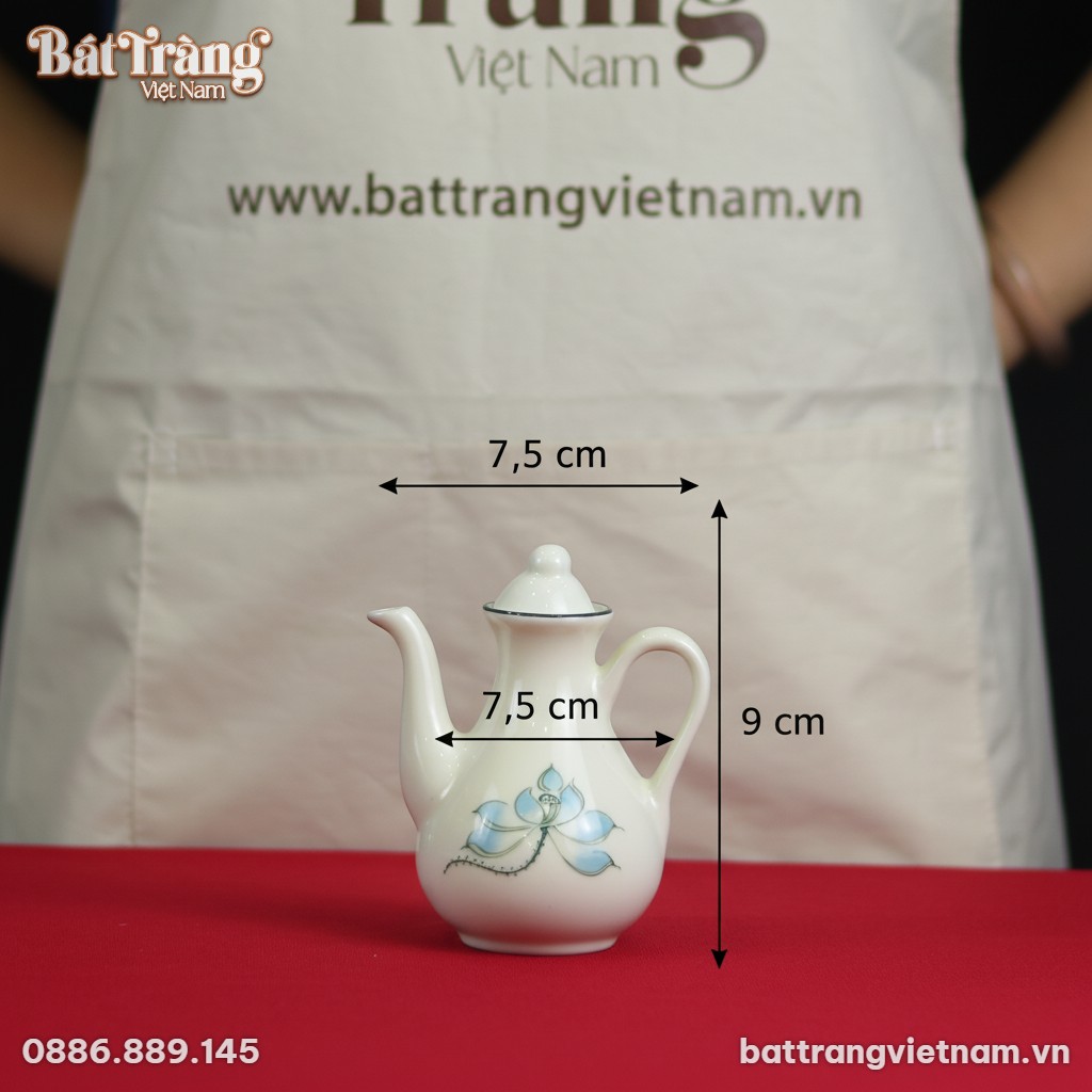 Kích thước Ấm mắm sứ trắng hoạ tiết sen xanh Bát Tràng BT-BD115