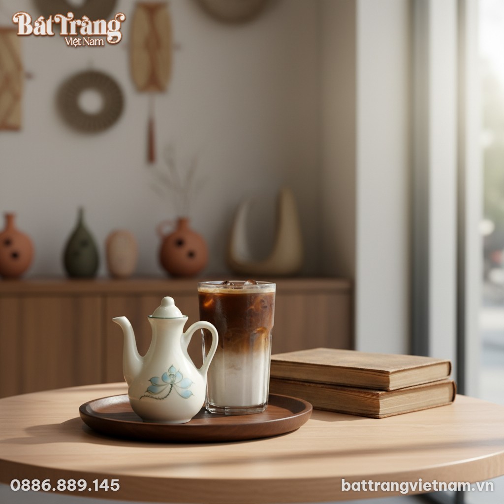 Ấm mắm sứ Bát Tràng hoa sen xanh tinh xảo được ...