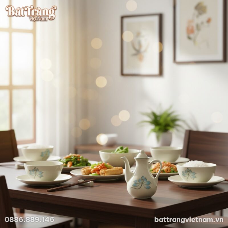 Ấm mắm sứ hoa sen xanh nhỏ gọn đặt trên bàn ăn ... Ấm mắm sứ hoa sen xanh nhỏ gọn đặt trên bàn ăn ...