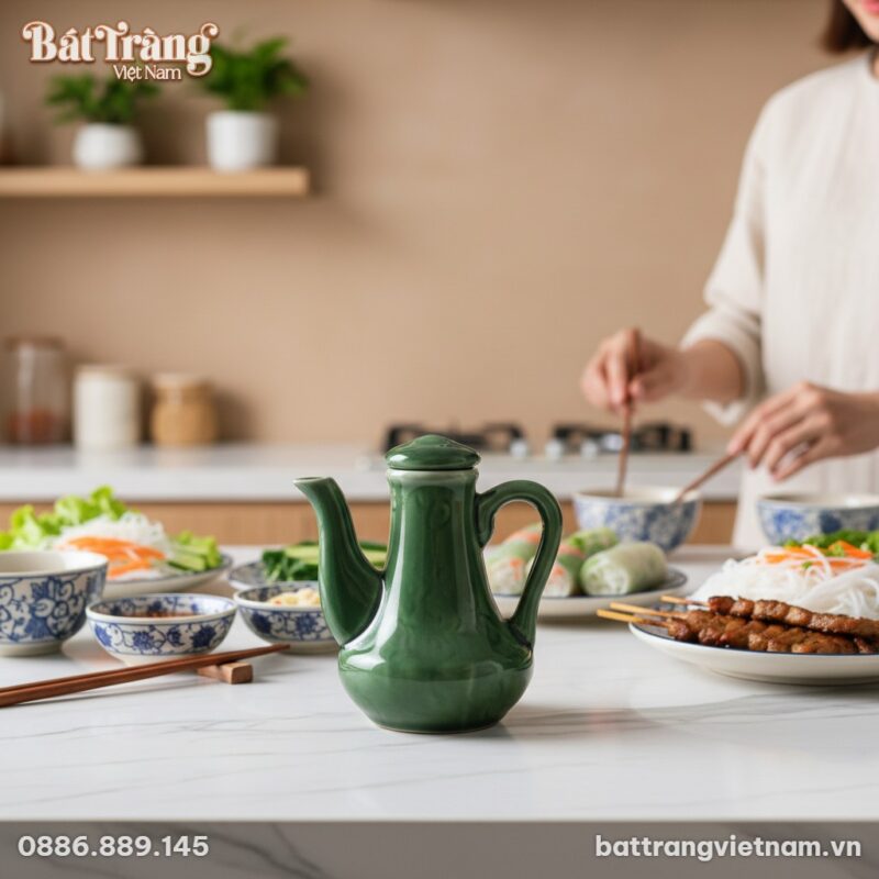 Cận cảnh chiếc ấm đựng mắm men lục bảo đặt trên...