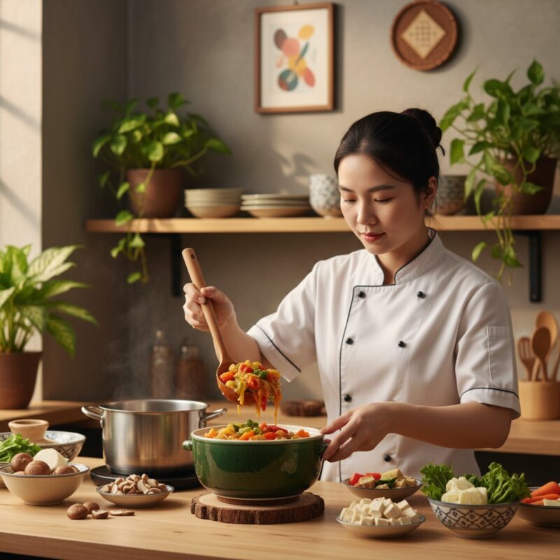 Một nữ đầu bếp Việt Nam đang tỉ mỉ bày trí món ...