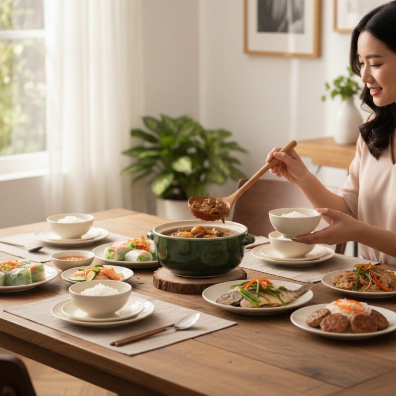 Người phụ nữ thanh lịch đang múc món canh hầm t...