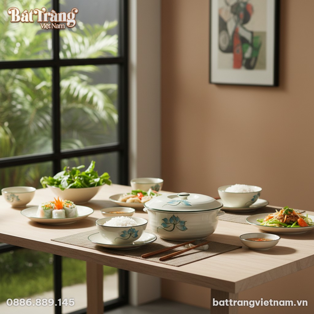 &Acirc;u cơm sứ B&aacute;t Tr&agrave;ng hoa sen xanh đặt tr&ecirc;n b&agrave;n g...