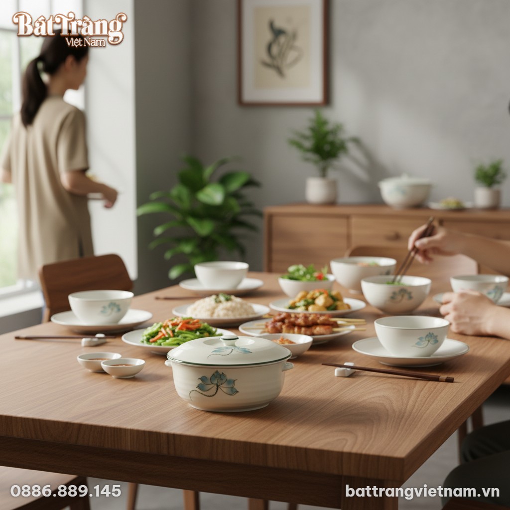 &Acirc;u cơm sứ hoa sen xanh B&aacute;t Tr&agrave;ng đặt tr&ecirc;n b&agrave;n ă...