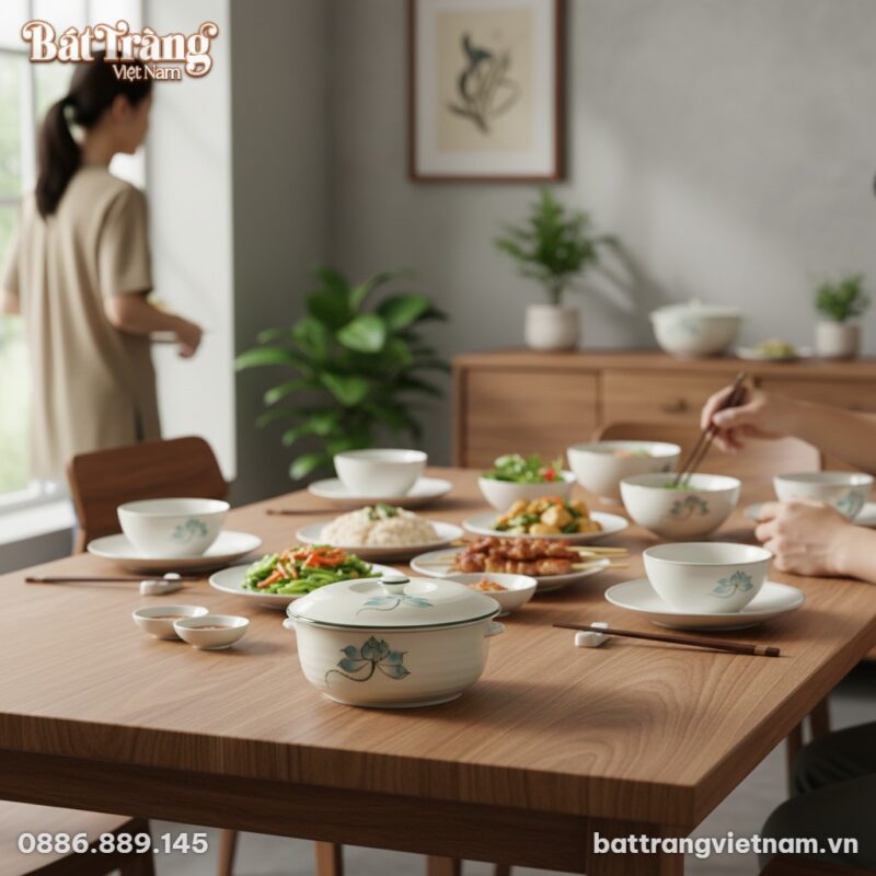 Âu cơm sứ hoa sen xanh Bát Tràng đặt trên bàn ă...