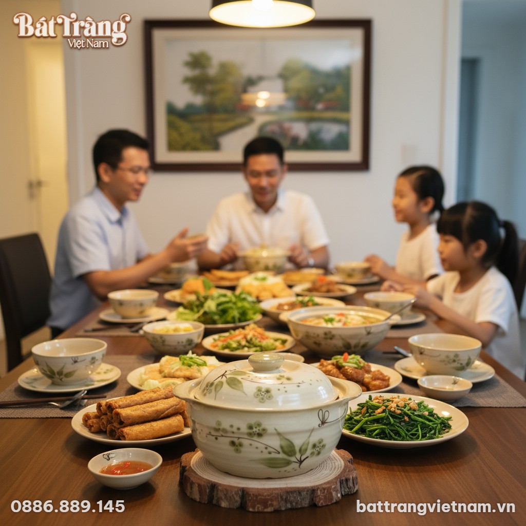 Ảnh: Bàn ăn tối thịnh soạn kiểu Việt, âu đựng c...