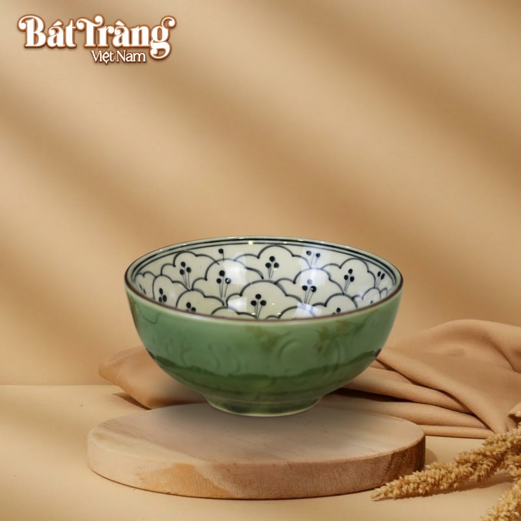 B&aacute;t cơm hoạ tiết b&egrave;o xanh men lục bảo BT-BD98