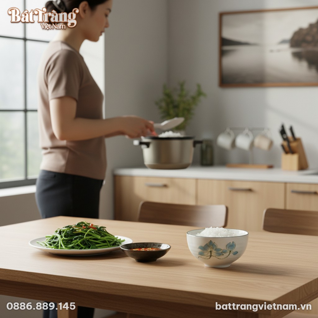 Một chiếc b&aacute;t sứ B&aacute;t Tr&agrave;ng họa tiết sen xanh đặ...