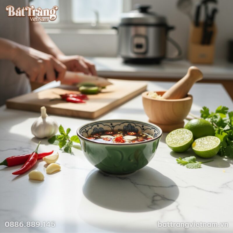 Cận cảnh bát mắm hoạ tiết bèo xanh men lục bảo ...