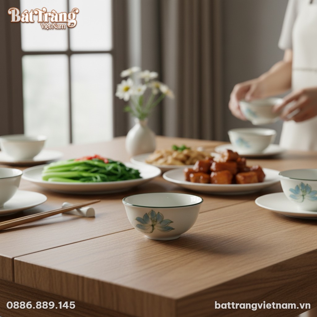 B&aacute;t mắm sứ sen xanh B&aacute;t Tr&agrave;ng đặt tr&ecirc;n b&agrave;n ăn g...