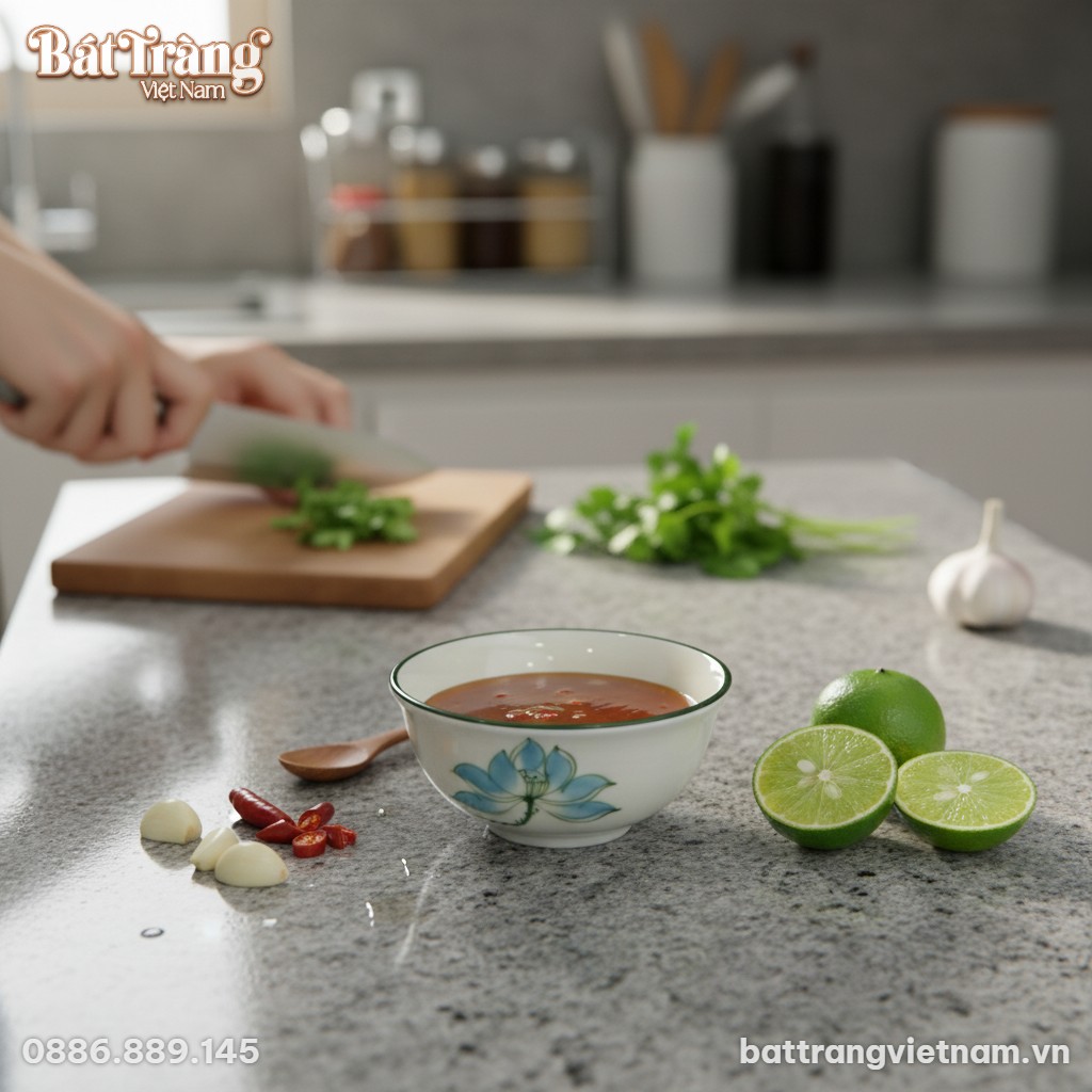 B&aacute;t mắm sứ sen xanh tr&ecirc;n mặt bếp đ&aacute; hoa cương, ...