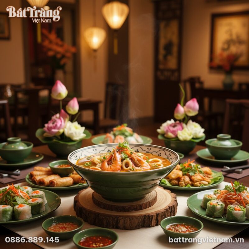 Một bàn tiệc ấm cúng mang phong vị Việt, bày tr...