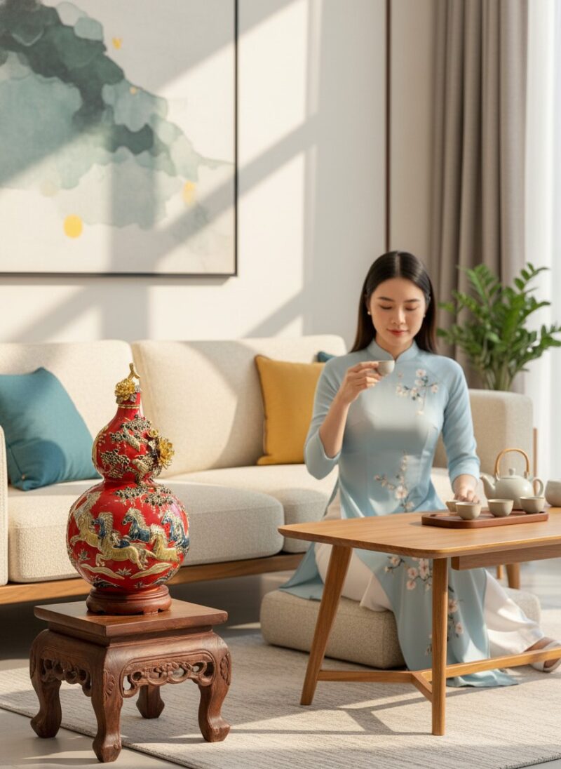 Bình hồ lô 'Mã đáo thành công' đặt trang trọng ...