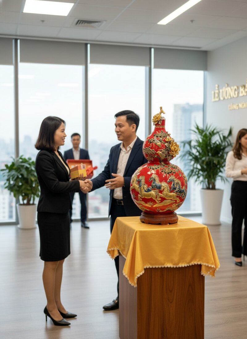 Hai doanh nhân Việt Nam đang trao đổi quà tặng ...