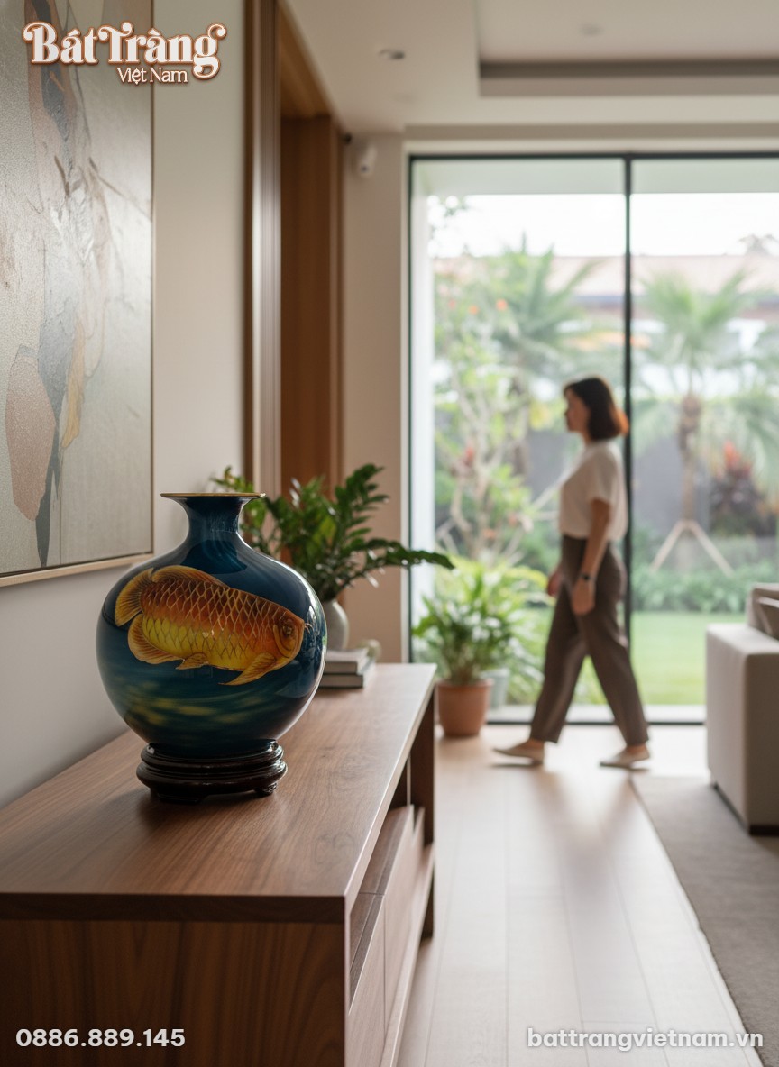 B&igrave;nh h&uacute;t lộc gốm B&aacute;t Tr&agrave;ng men xanh cobalt, họa...