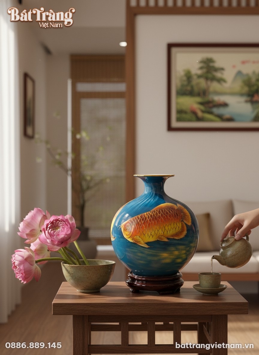 B&igrave;nh h&uacute;t lộc B&aacute;t Tr&agrave;ng 25cm men xanh cobalt với...