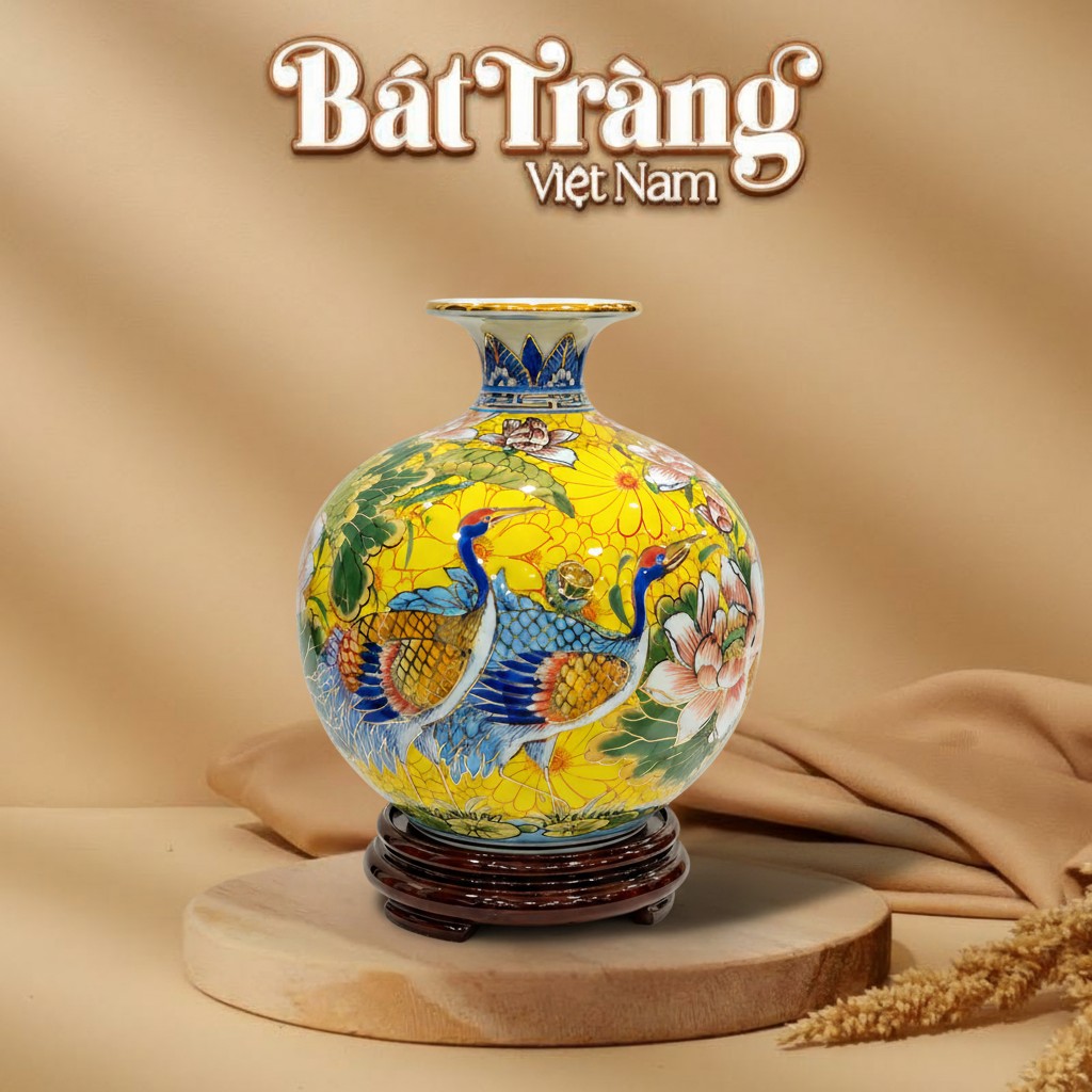 B&igrave;nh h&uacute;t lộc Chim Hạc Li&ecirc;n Hoa vẽ v&agrave;ng 24k BT-BHL100