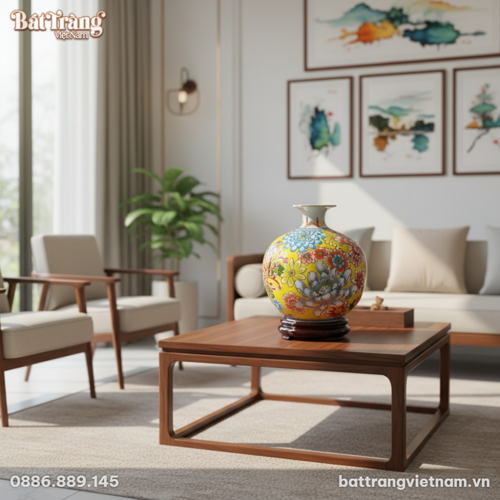 B&igrave;nh h&uacute;t lộc gốm sứ B&aacute;t Tr&agrave;ng cao 25cm, men v&agrave;n...