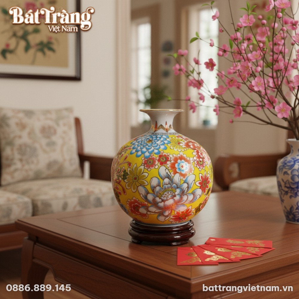 Cận cảnh b&igrave;nh h&uacute;t lộc gốm sứ B&aacute;t Tr&agrave;ng cao 25cm...