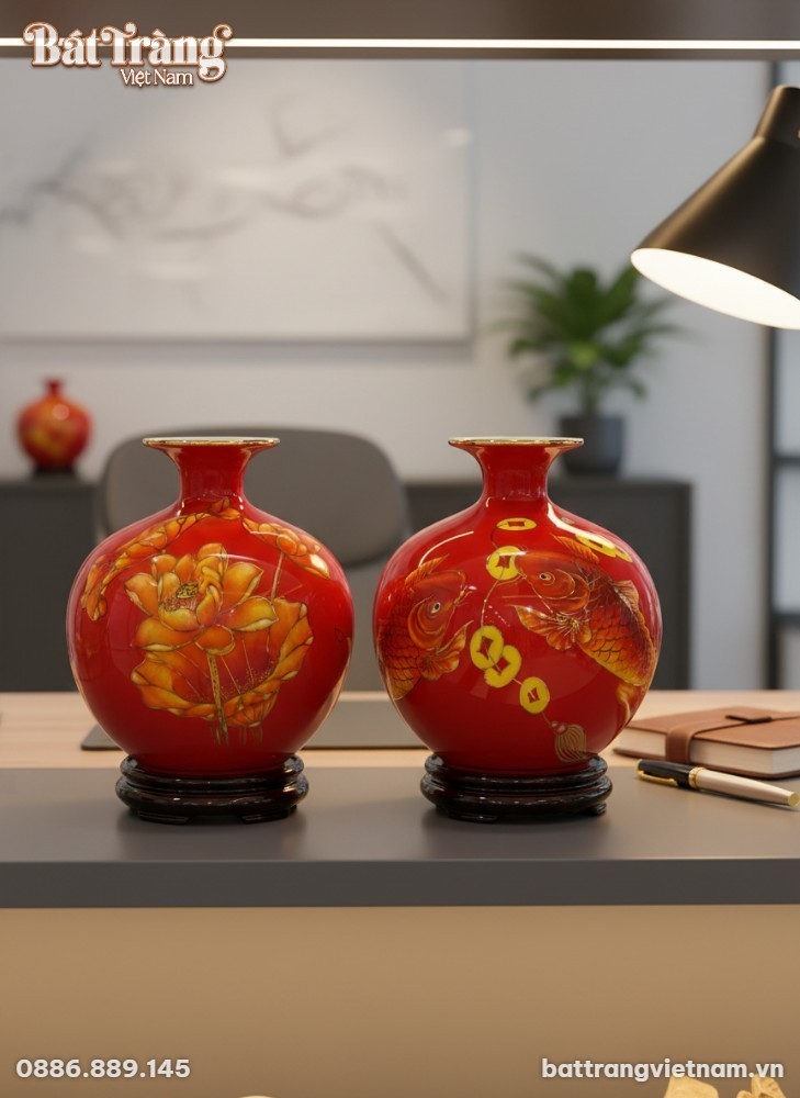 2 quả b&igrave;nh h&uacute;t lộc cao 25cm đặt tr&ecirc;n tủ kệ gỗ t...