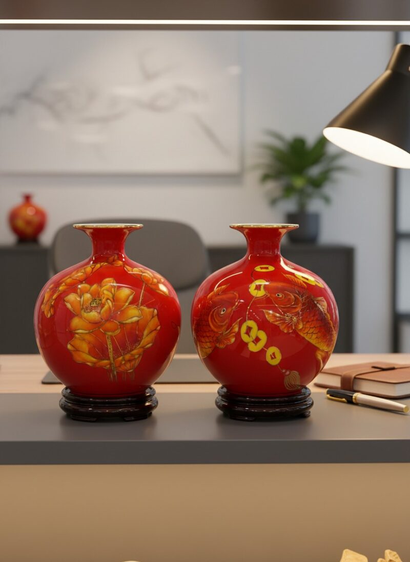 2 quả bình hút lộc cao 25cm đặt trên tủ kệ gỗ t...