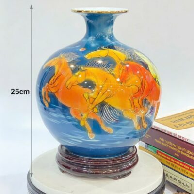 Kích thước Bình hút lộc mã đáo thành công vẽ vàng 24k nền xanh dương BT-BHL94