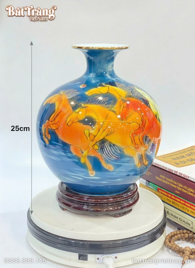 Kích thước Bình hút lộc mã đáo thành công vẽ vàng 24k nền xanh dương BT-BHL94