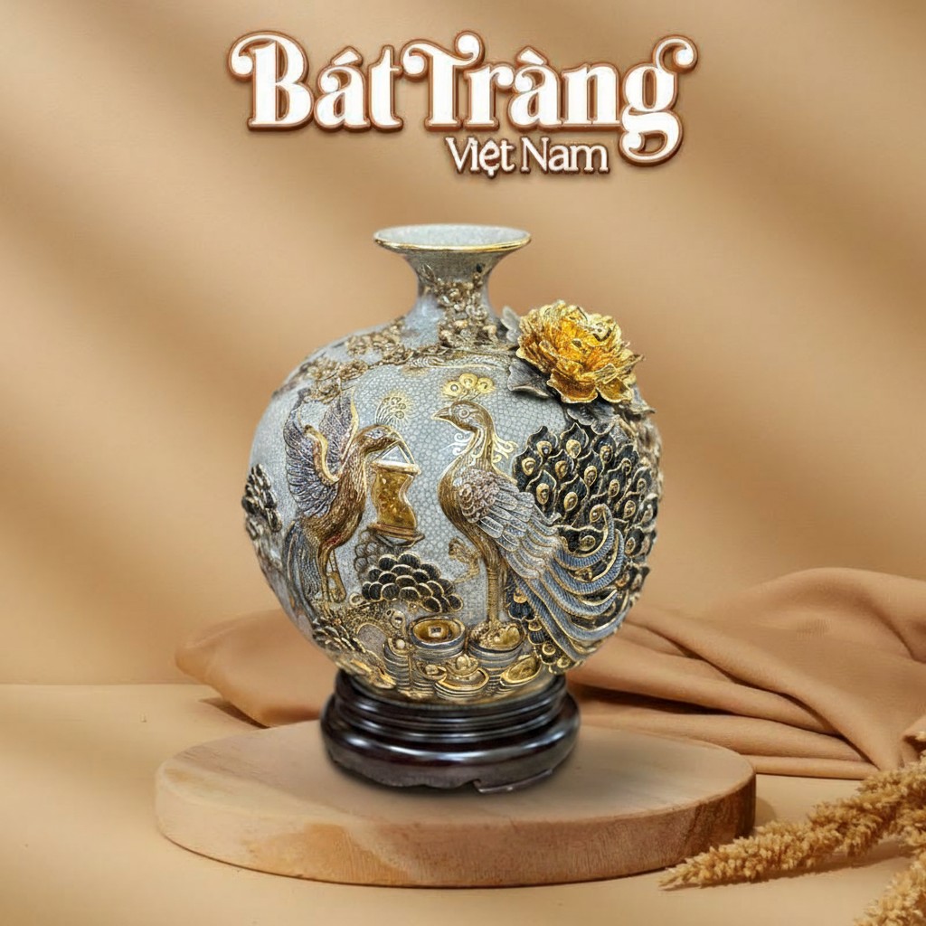 B&igrave;nh h&uacute;t lộc men rạn đắp nổi vẽ v&agrave;ng 