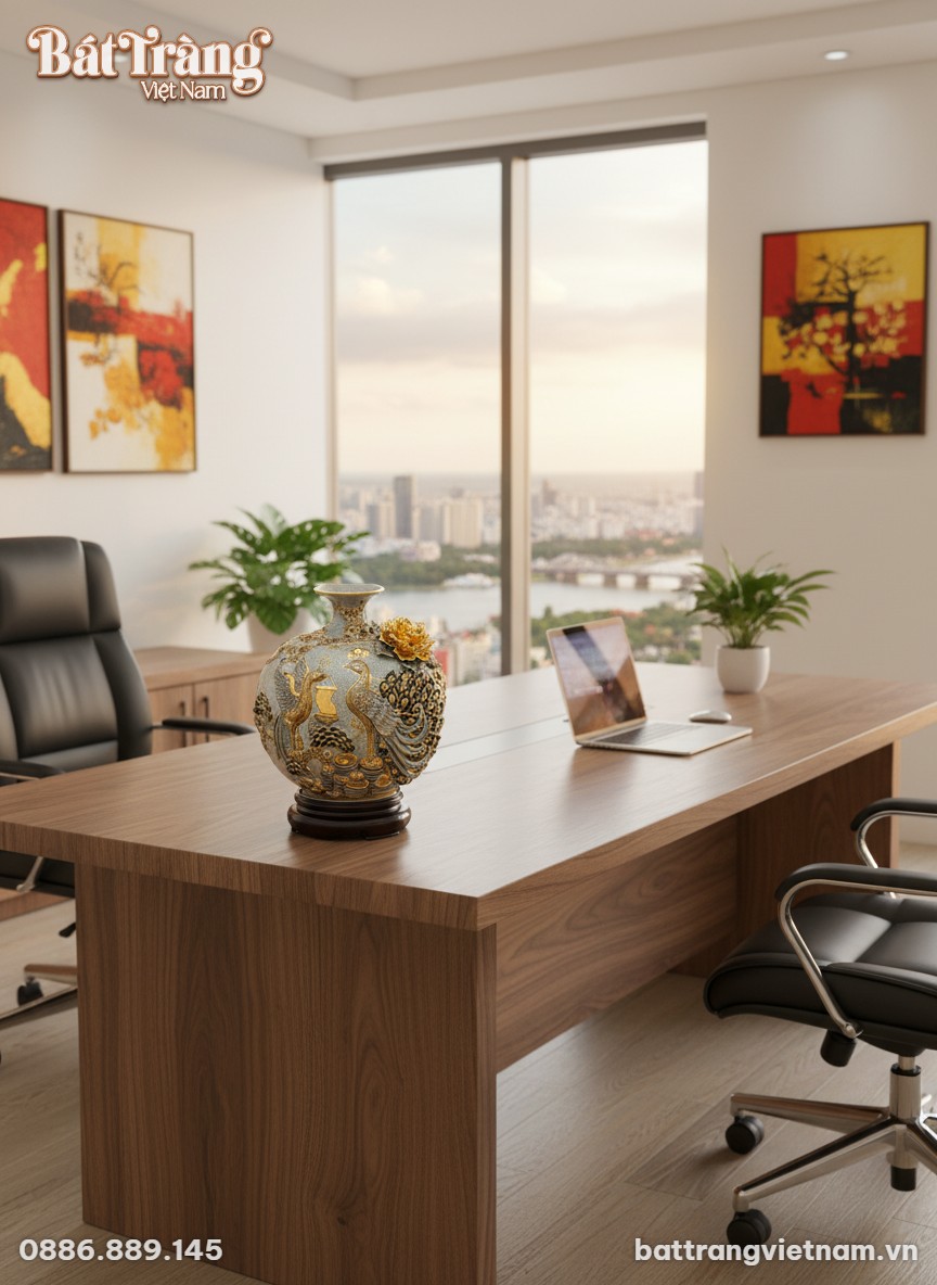 B&igrave;nh h&uacute;t lộc 'C&ocirc;ng Đ&agrave;o' men rạn đắp nổi đặt uy ...