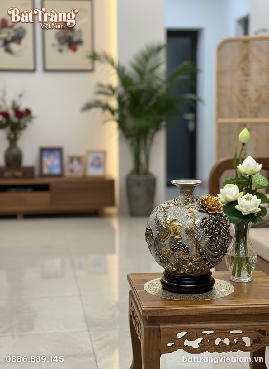 B&igrave;nh h&uacute;t lộc 'C&ocirc;ng Đ&agrave;o' men rạn đắp nổi đặt tra...