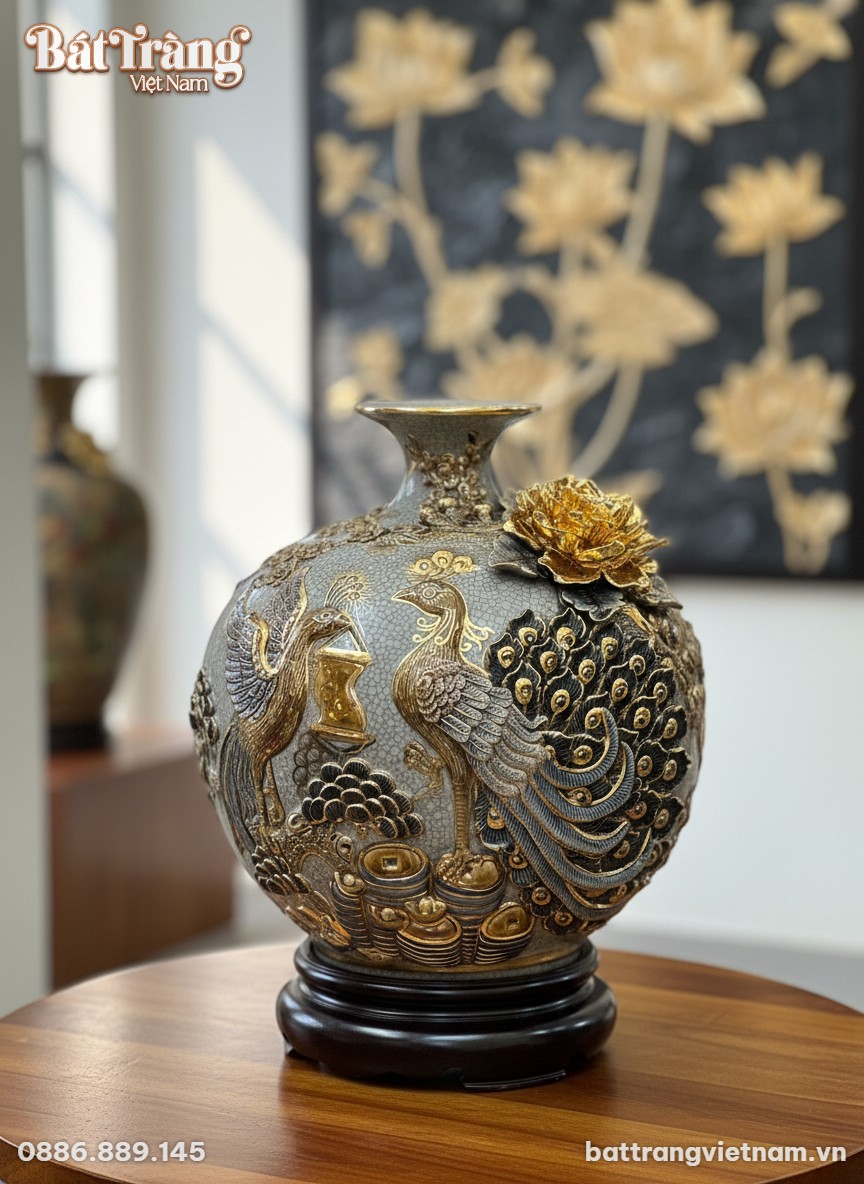 Cận cảnh b&igrave;nh h&uacute;t lộc 'C&ocirc;ng Đ&agrave;o' men rạn đắp nổ...