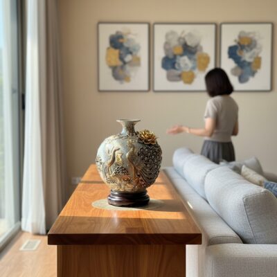 Bình hút lộc 'Công Đào' men rạn đặt trang trọng...