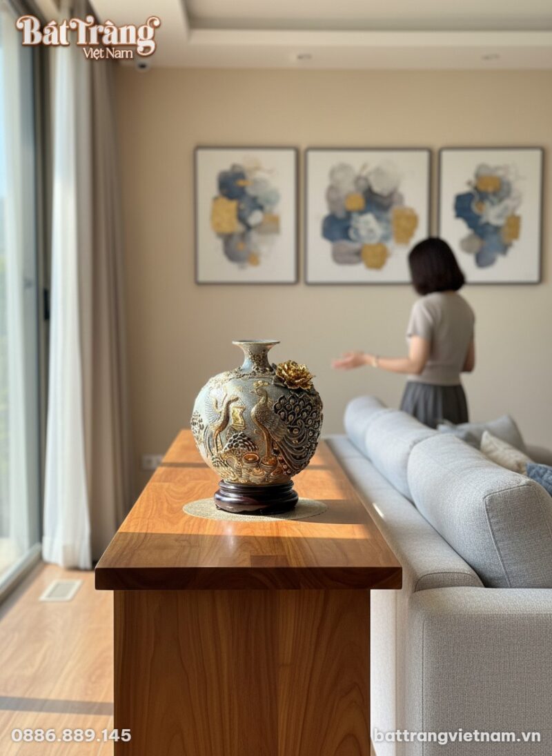 Bình hút lộc 'Công Đào' men rạn đặt trang trọng...