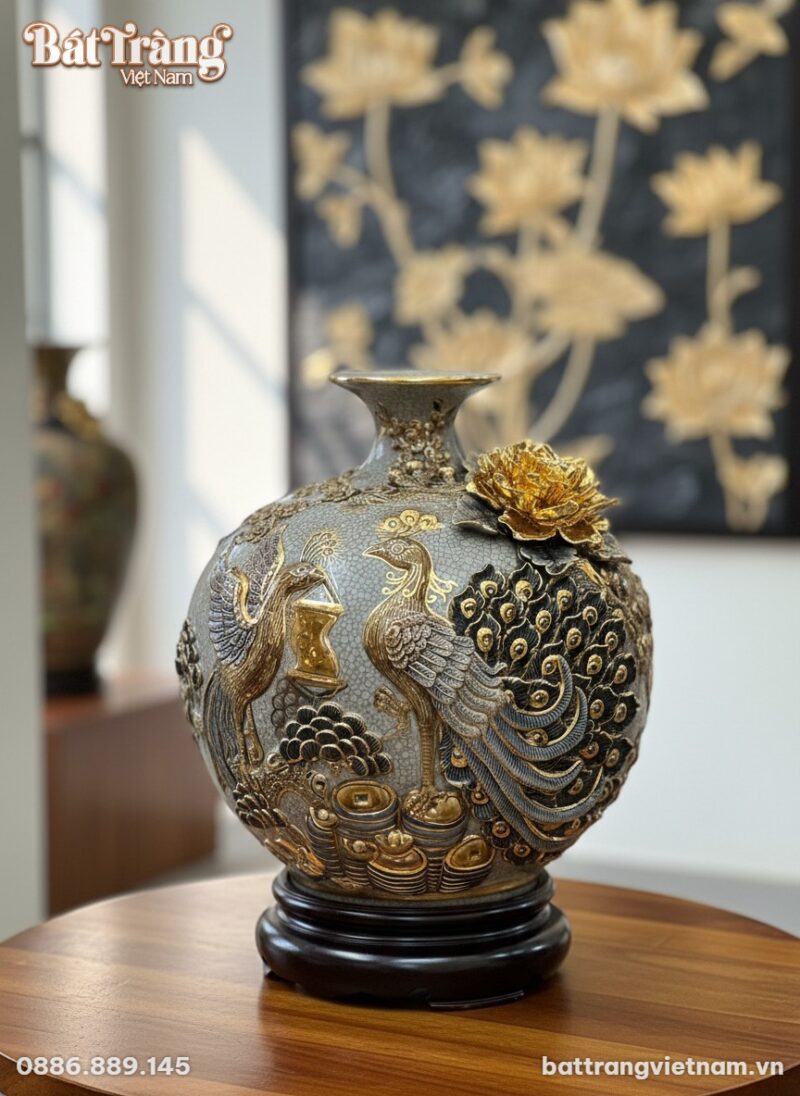 Cận cảnh bình hút lộc 'Công Đào' men rạn đắp nổ...