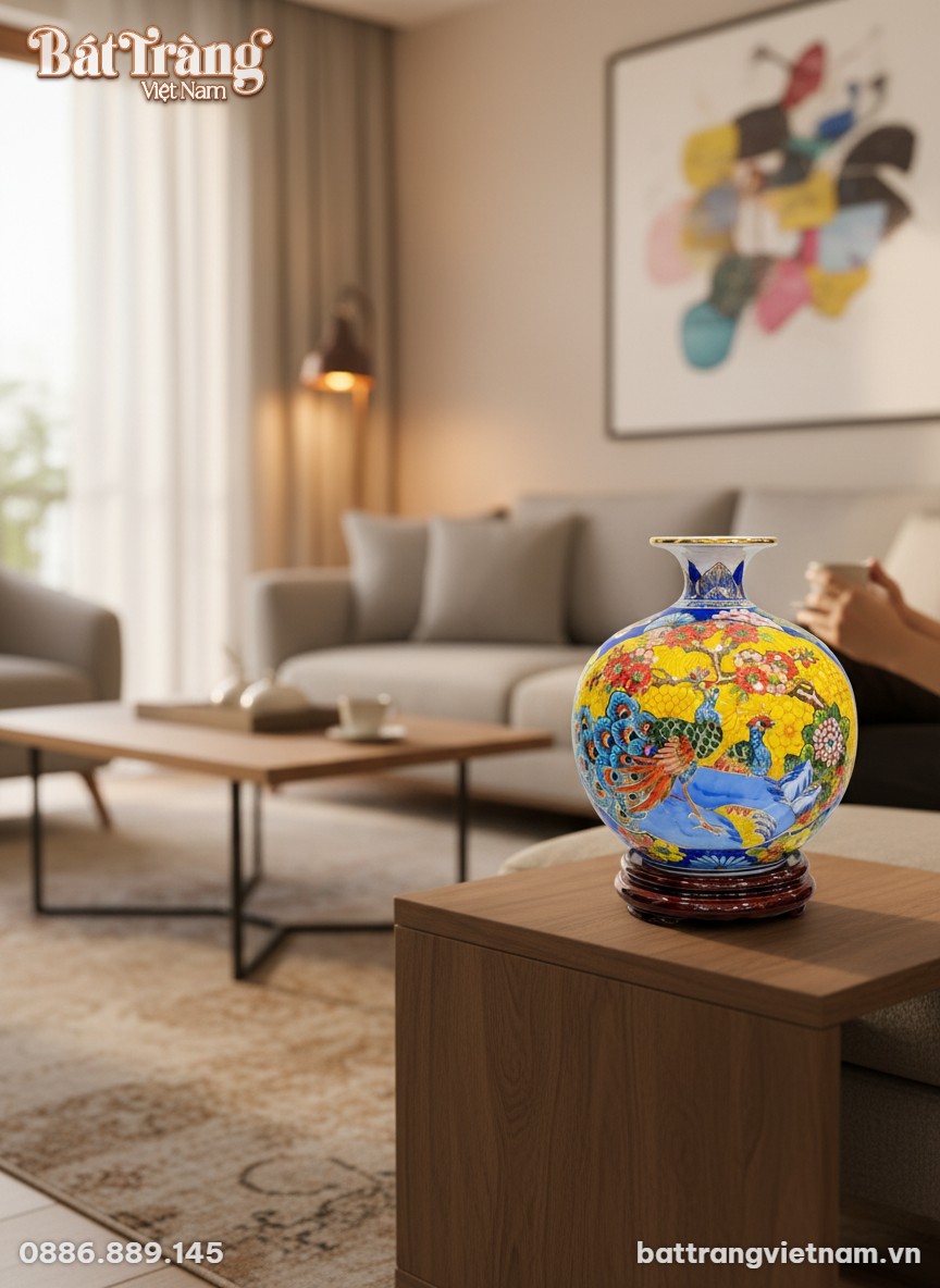 B&igrave;nh h&uacute;t lộc Nhị cảnh cao 25cm đặt tr&ecirc;n kệ gỗ t...