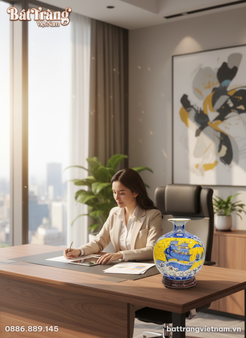 B&igrave;nh h&uacute;t lộc B&aacute;t Tr&agrave;ng 25cm đặt tr&ecirc;n b&agrave;n l&agrave;m vi...