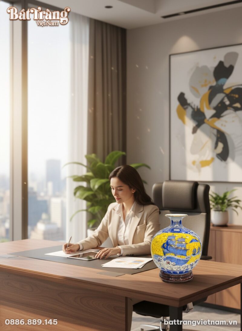 Bình hút lộc Bát Tràng 25cm đặt trên bàn làm vi...