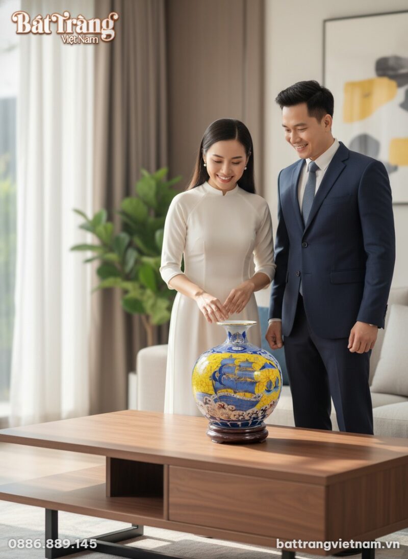 Bình hút lộc Bát Tràng 25cm với kệ gỗ được đặt ...