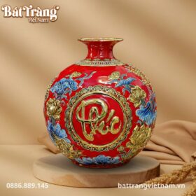 Bình hút lộc Phúc Lộc Thọ màu đỏ vẽ vàng 24k cao 40cm BT-BHL104