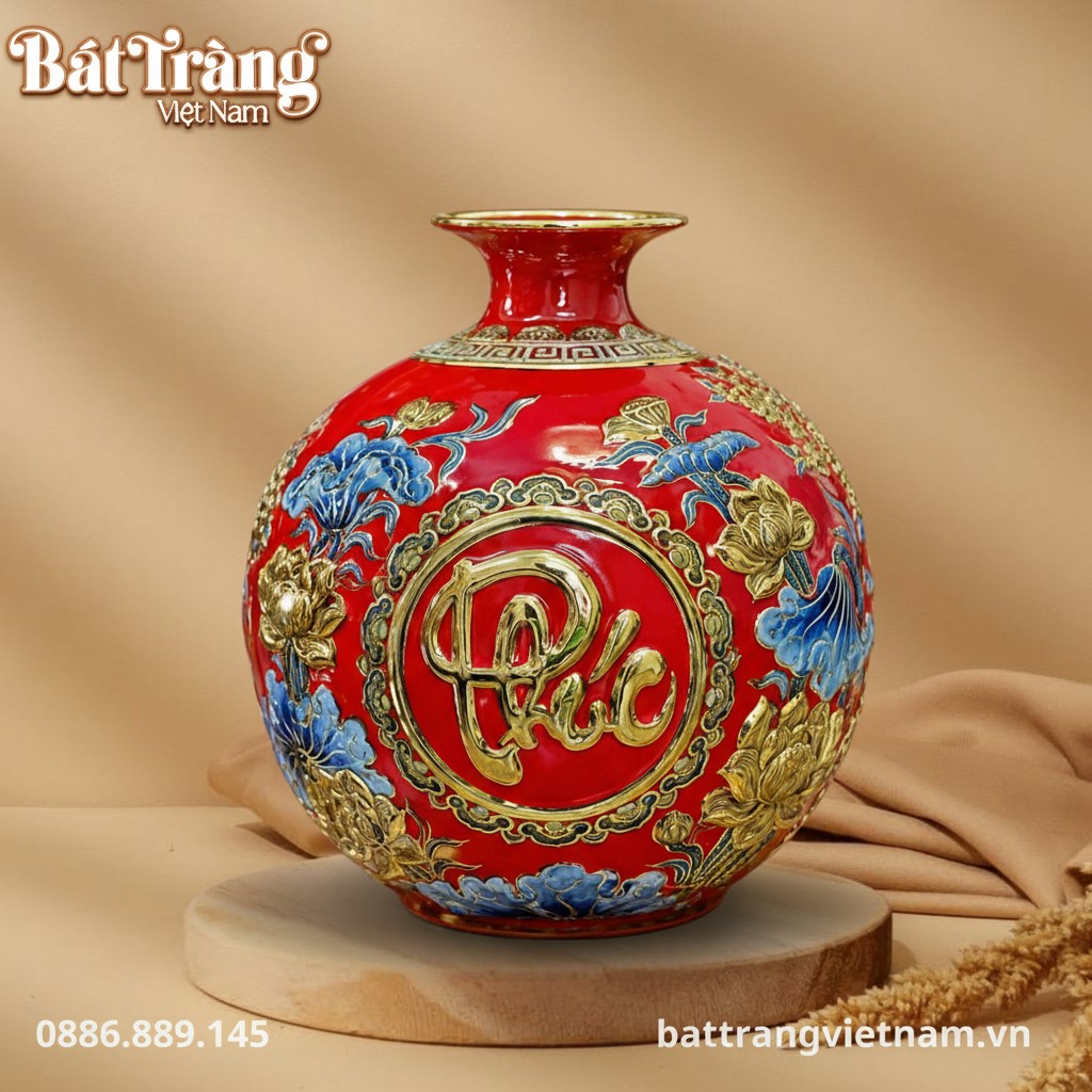 B&igrave;nh h&uacute;t lộc Ph&uacute;c Lộc Thọ m&agrave;u đỏ vẽ v&agrave;ng 24k BT-BHL104