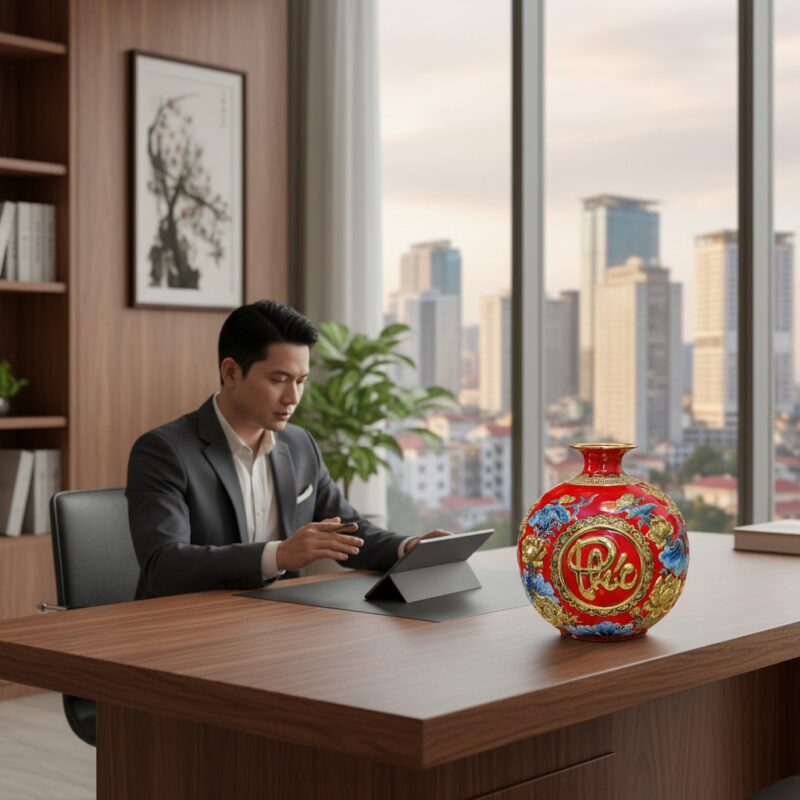 Cận cảnh Bình Hồ Lô Phúc Lộc Thọ trên bàn làm v...