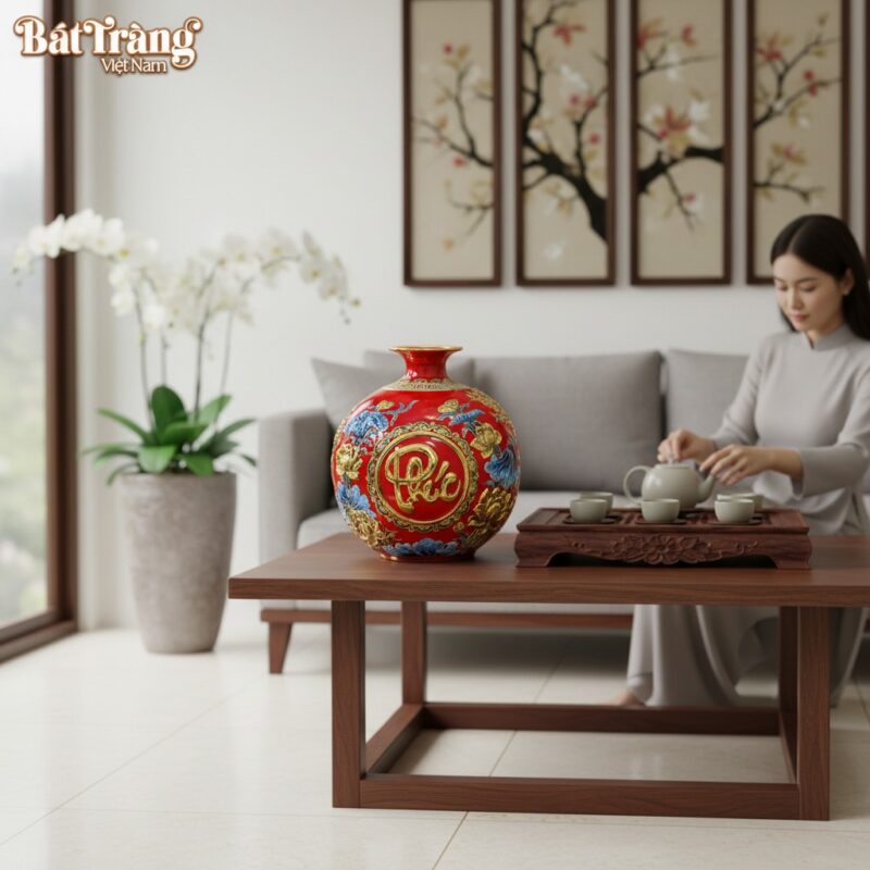 Bình Hồ Lô Phúc Lộc Thọ đặt trên bàn phòng khách